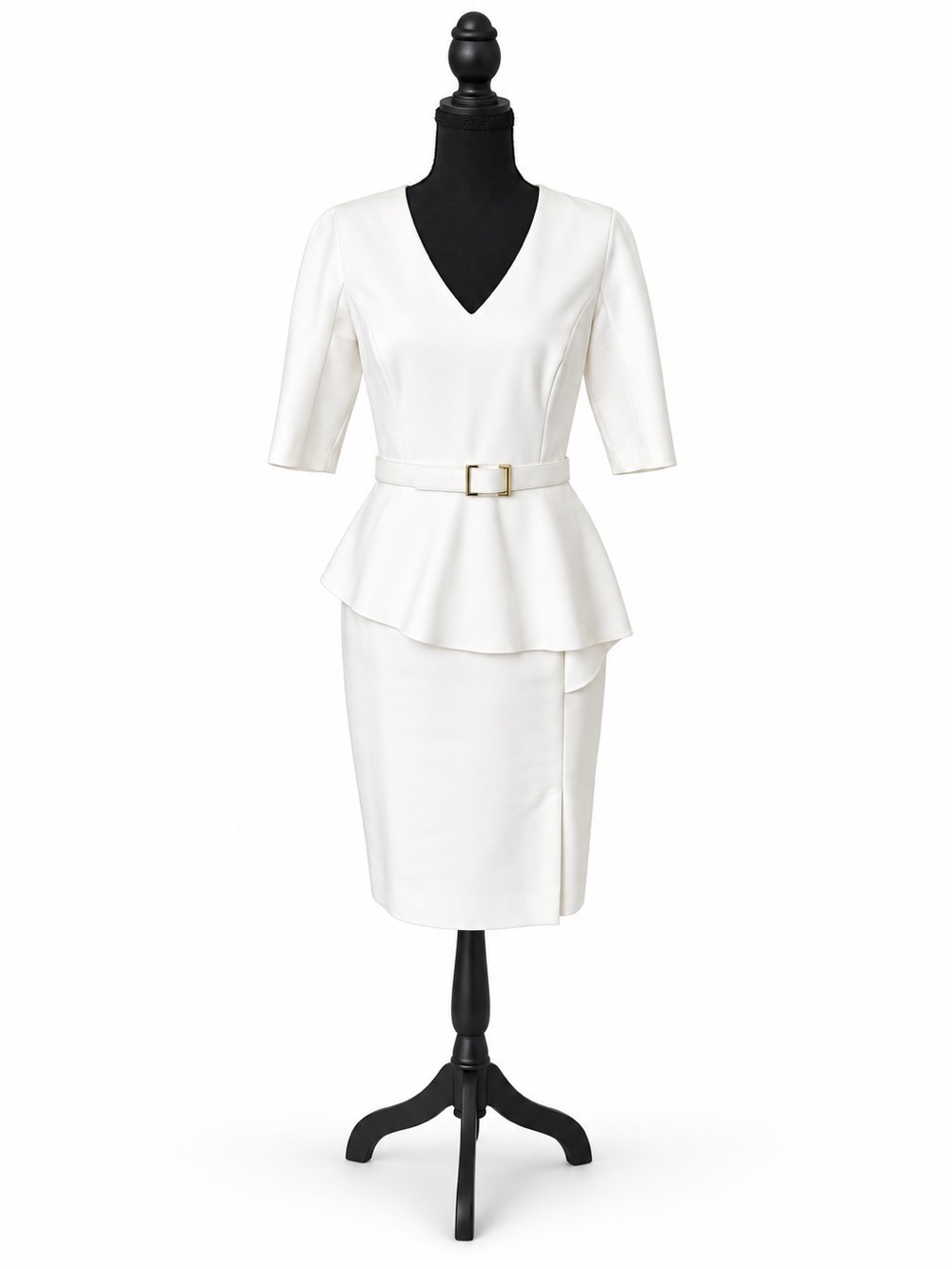 ANTONIO MELANI White Peplum Belted V-Neck Midi Dress